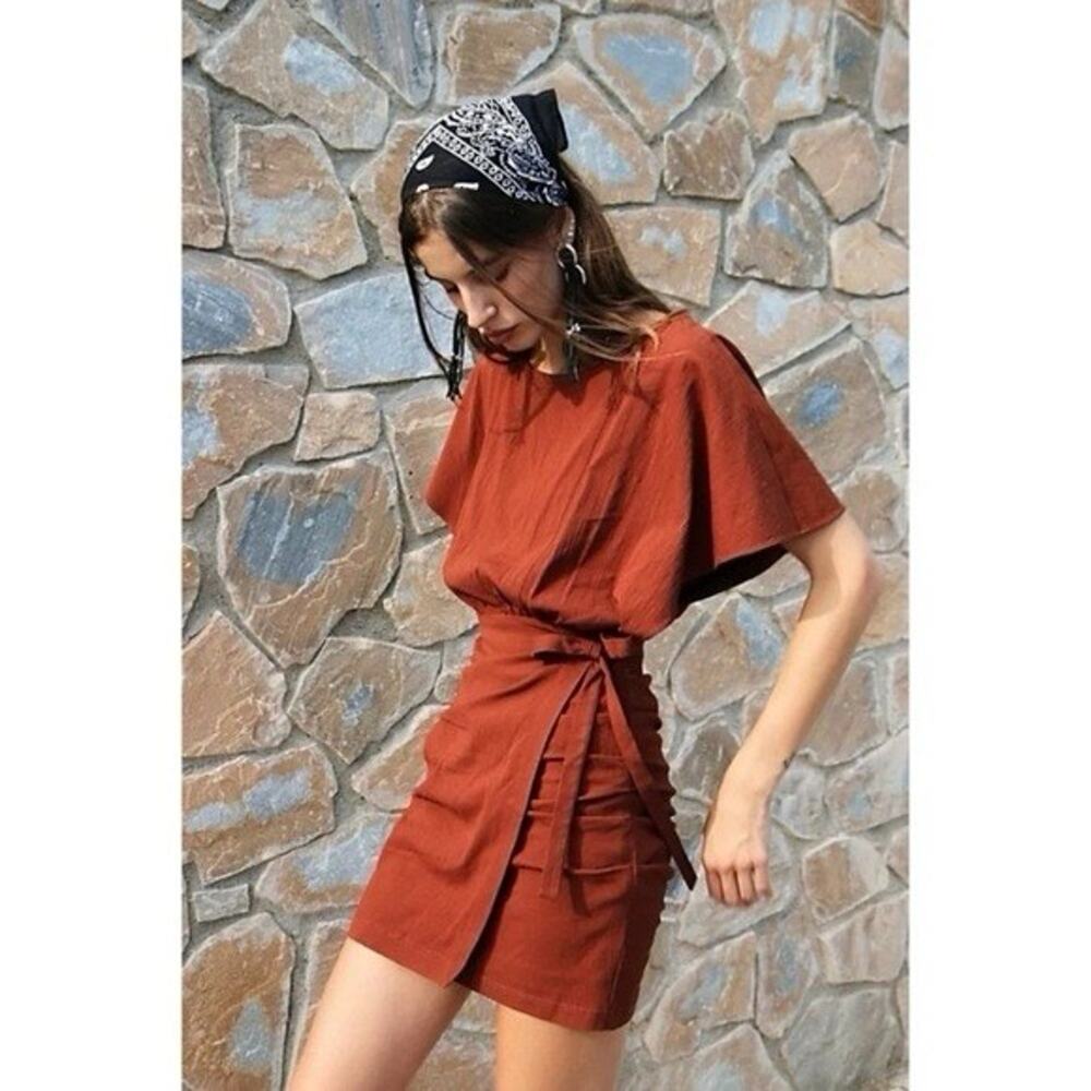 Free People Rust Brown Short Sleeve Wrap Mini Dress Women's Small NWT